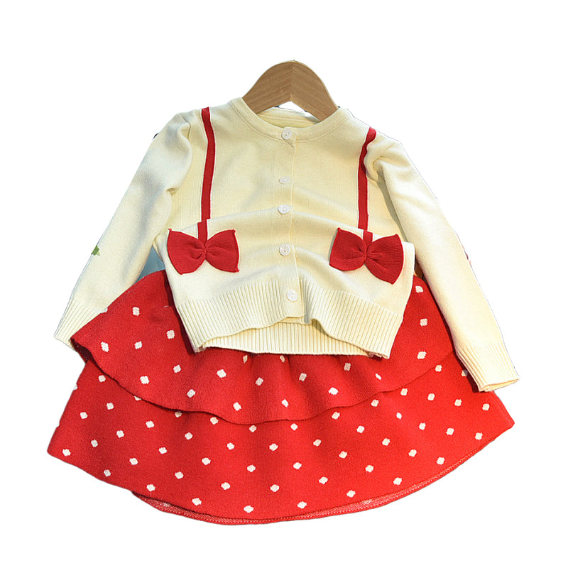 2 Pieces Set Baby Kid Girls Color-blocking Bow Crochet Cardigan And Polka dots Skirts Wholesale 220927279