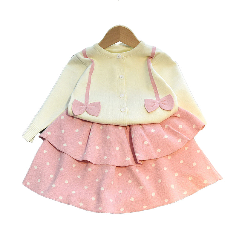 2 Pieces Set Baby Kid Girls Color-blocking Bow Crochet Cardigan And Polka dots Skirts Wholesale 220927279