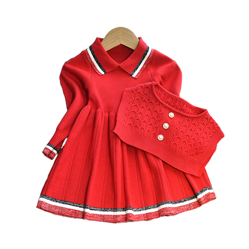2 Pieces Set Baby Kid Girls Striped Crochet Dresses And Solid Color Vests Waistcoats Wholesale 220927280