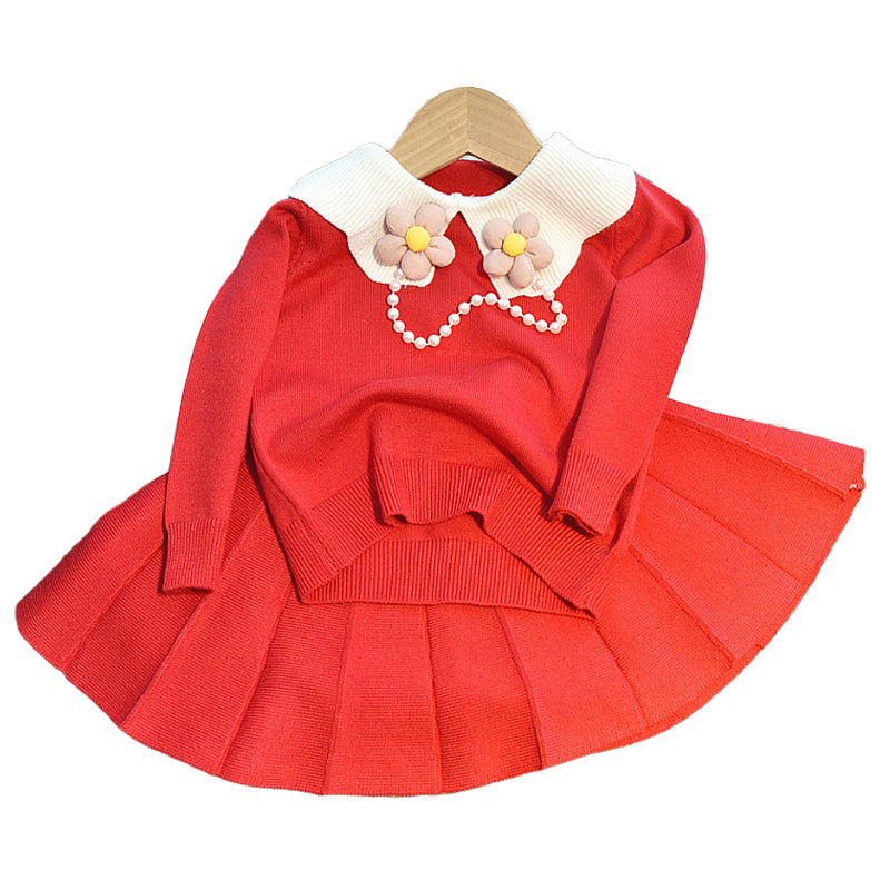 2 Pieces Set Baby Kid Girls Color-blocking Flower Crochet Sweaters And Solid Color Skirts Wholesale 220927281