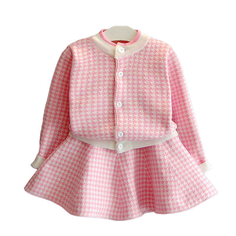 2 Pieces Set Baby Kid Girls Houndstooth Cardigan And Skirts Wholesale 22092729