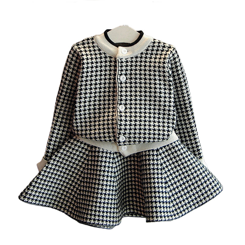 2 Pieces Set Baby Kid Girls Houndstooth Cardigan And Skirts Wholesale 22092729