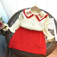 Load image into Gallery viewer, 2 Pieces Set Baby Kid Girls Flower Embroidered Cardigan And Bow Skirts Wholesale 220927291
