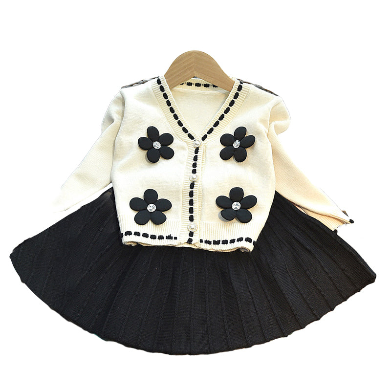 2 Pieces Set Baby Kid Girls Flower Cardigan And Solid Color Skirts Wholesale 220927292