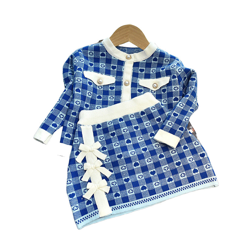 2 Pieces Set Baby Kid Girls Love heart Checked Crochet Jackets Outwears And Skirts Wholesale 220927295