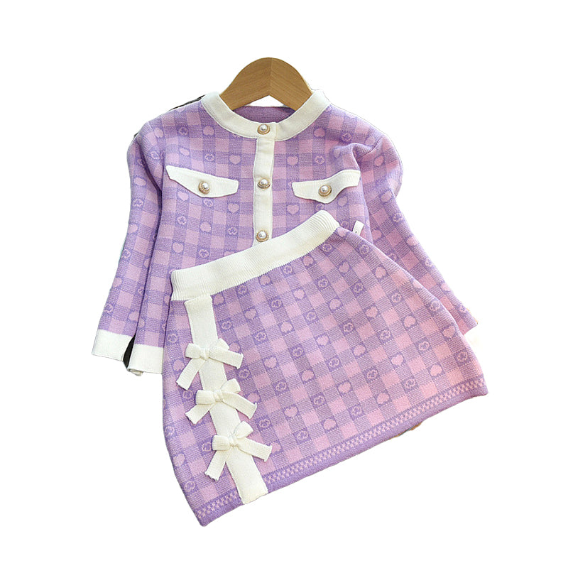 2 Pieces Set Baby Kid Girls Love heart Checked Crochet Jackets Outwears And Skirts Wholesale 220927295