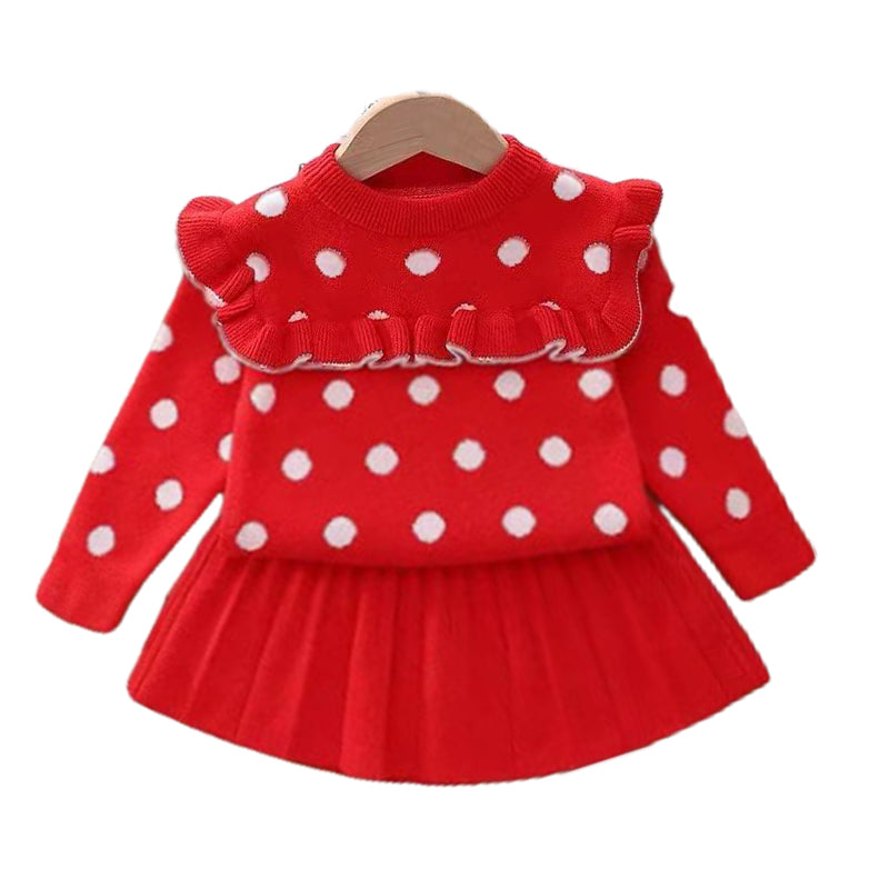 2 Pieces Set Baby Kid Girls Polka dots Crochet Sweaters And Solid Color Skirts Wholesale 220927298