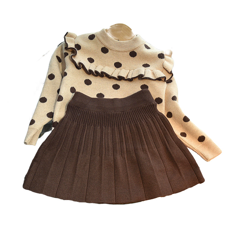 2 Pieces Set Baby Kid Girls Polka dots Crochet Sweaters And Solid Color Skirts Wholesale 220927298