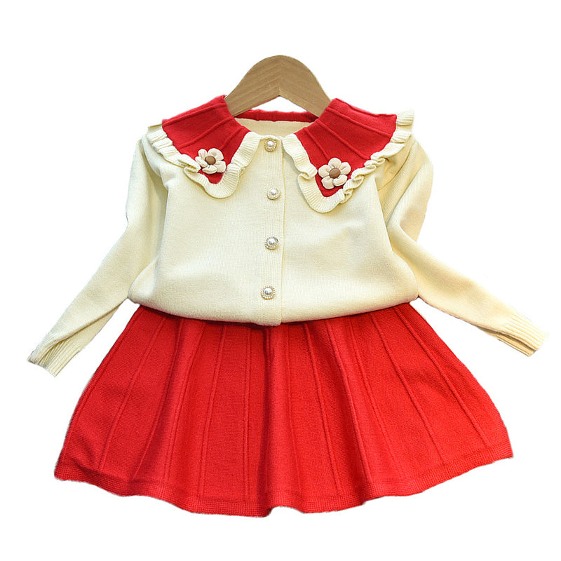 2 Pieces Set Baby Kid Girls Flower Cardigan Knitwear And Solid Color Skirts Wholesale 220927356