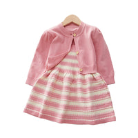 Load image into Gallery viewer, 2 Pieces Set Baby Kid Girls Solid Color Cardigan And Striped Knitwear Dresses Wholesale 220927357
