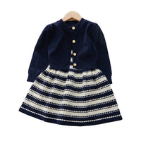 Load image into Gallery viewer, 2 Pieces Set Baby Kid Girls Solid Color Cardigan And Striped Knitwear Dresses Wholesale 220927357
