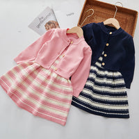 Load image into Gallery viewer, 2 Pieces Set Baby Kid Girls Solid Color Cardigan And Striped Knitwear Dresses Wholesale 220927357
