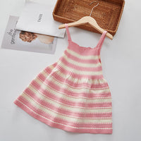 Load image into Gallery viewer, 2 Pieces Set Baby Kid Girls Solid Color Cardigan And Striped Knitwear Dresses Wholesale 220927357
