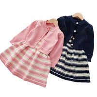 Load image into Gallery viewer, 2 Pieces Set Baby Kid Girls Solid Color Cardigan And Striped Knitwear Dresses Wholesale 220927357
