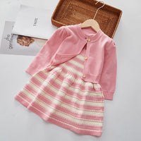 Load image into Gallery viewer, 2 Pieces Set Baby Kid Girls Solid Color Cardigan And Striped Knitwear Dresses Wholesale 220927357
