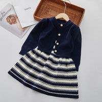 Load image into Gallery viewer, 2 Pieces Set Baby Kid Girls Solid Color Cardigan And Striped Knitwear Dresses Wholesale 220927357
