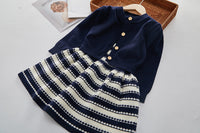 Load image into Gallery viewer, 2 Pieces Set Baby Kid Girls Solid Color Cardigan And Striped Knitwear Dresses Wholesale 220927357
