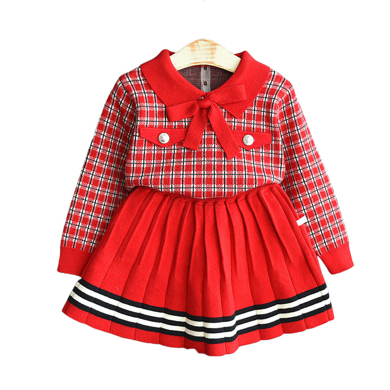 2 Pieces Set Baby Kid Girls Checked Sweaters And Striped Skirts Wholesale 22092742