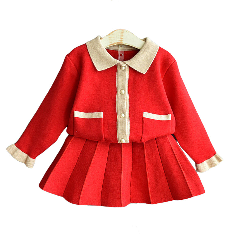 2 Pieces Set Baby Kid Girls Color-blocking Crochet Cardigan And Solid Color Skirts Wholesale 22092756
