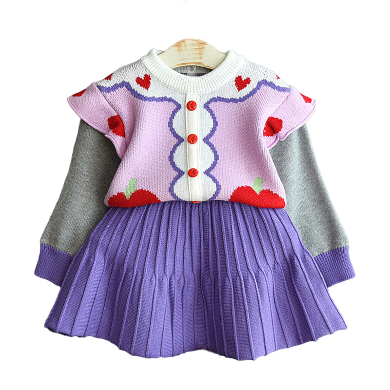 2 Pieces Set Baby Kid Girls Color-blocking Crochet Sweaters And Solid Color Skirts Wholesale 22092757