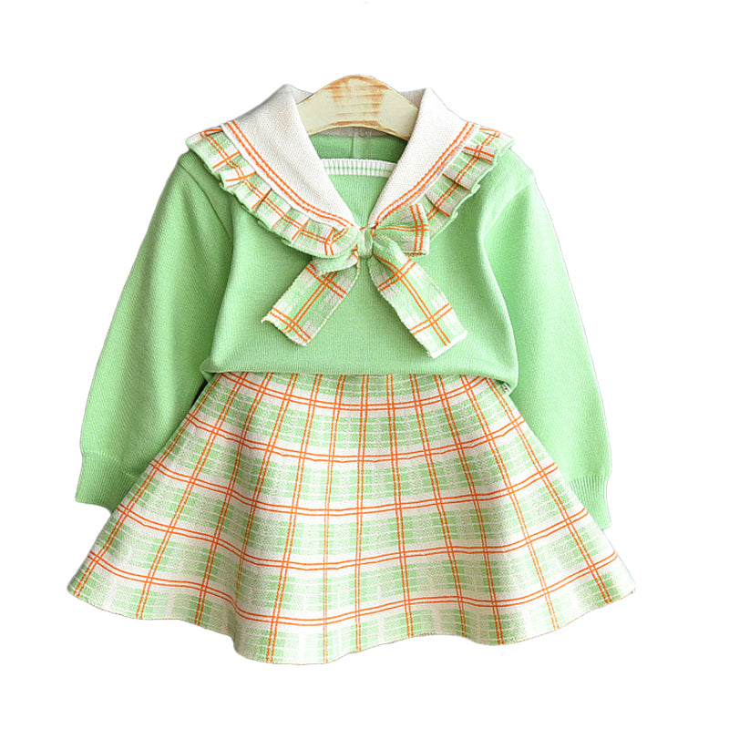 2 Pieces Set Baby Kid Girls Color-blocking Bow Crochet Sweaters And Checked Skirts Wholesale 22092759
