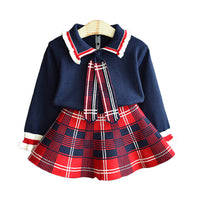 Load image into Gallery viewer, 2 Pieces Set Baby Kid Girls Color-blocking Crochet Sweaters And Checked Skirts Wholesale 22092760
