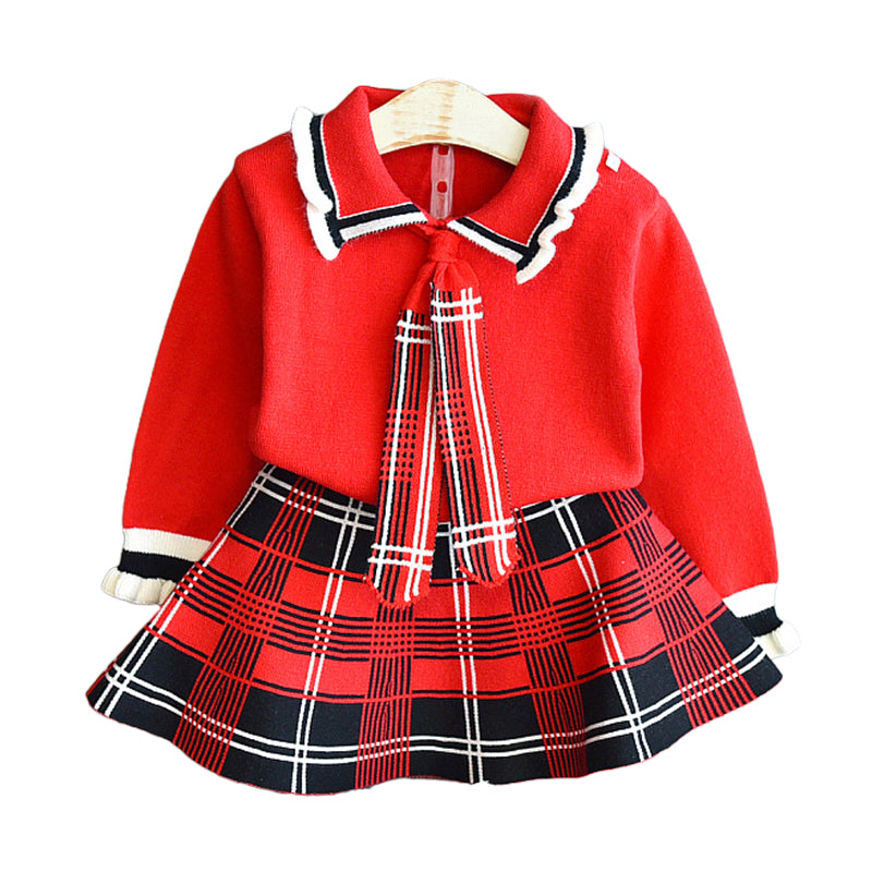 2 Pieces Set Baby Kid Girls Color-blocking Crochet Sweaters And Checked Skirts Wholesale 22092760