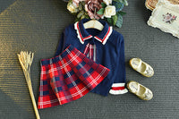 Load image into Gallery viewer, 2 Pieces Set Baby Kid Girls Color-blocking Crochet Sweaters And Checked Skirts Wholesale 22092760
