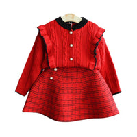 Load image into Gallery viewer, 2 Pieces Set Baby Kid Girls Color-blocking Cardigan And Checked Skirts Wholesale 22092789
