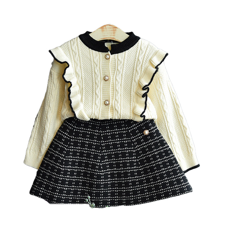 2 Pieces Set Baby Kid Girls Color-blocking Cardigan And Checked Skirts Wholesale 22092789