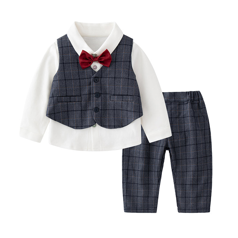 3 Pieces Set Baby Kid Boys Birthday Party Solid Color Bow Shirts Checked Vests Waistcoats And Pants Wholesale 2209291063