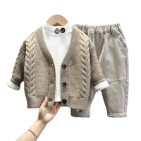 Load image into Gallery viewer, 3 Pieces Set Baby Kid Boys Crochet Print Cardigan And Expression Tops And Solid Color Pants Wholesale 220929154
