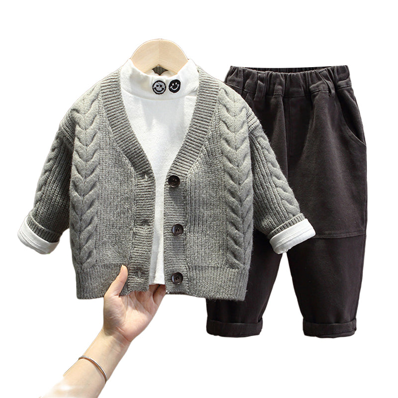 3 Pieces Set Baby Kid Boys Crochet Print Cardigan And Expression Tops And Solid Color Pants Wholesale 220929154