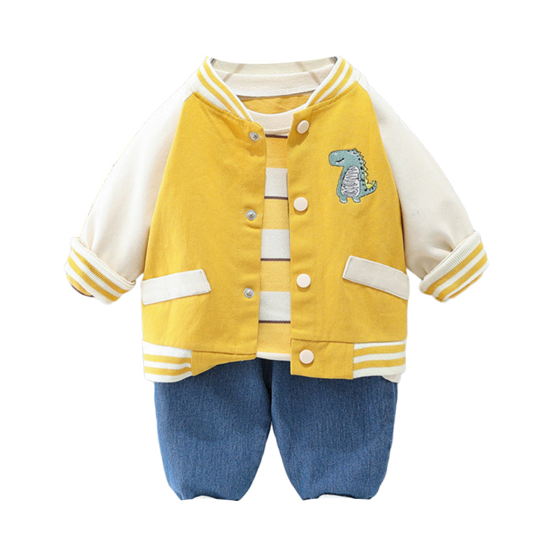 3 Pieces Set Baby Kid Boys Striped Color-blocking Tops Dinosaur Embroidered Jackets Outwears And Solid Color Jeans Wholesale 220929338
