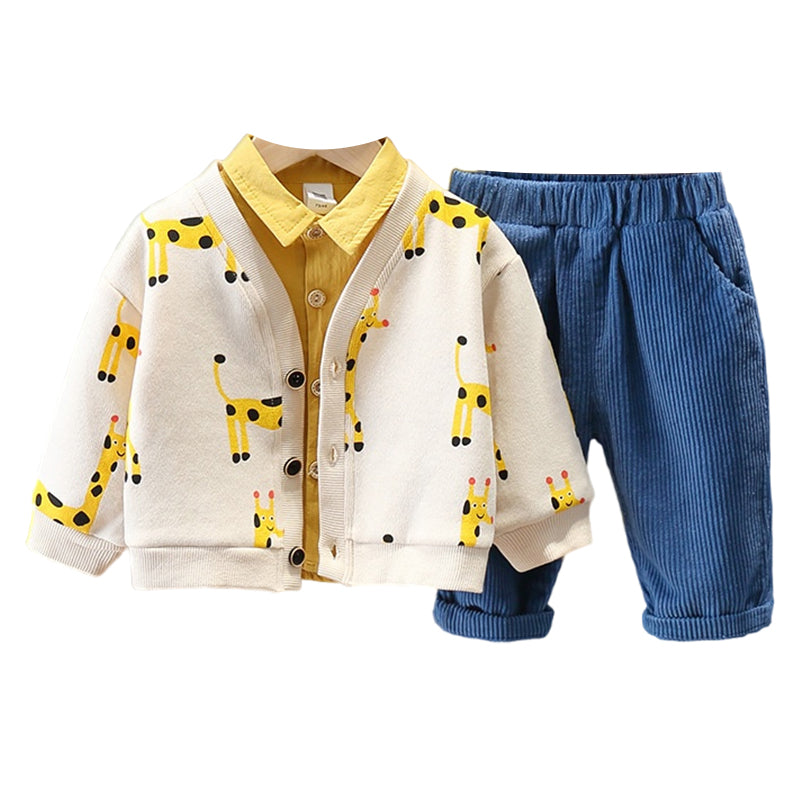 3 Pieces Set Baby Kid Boys Animals Cartoon Knitwear Cardigan And Solid Color Shirts And Pants Wholesale 22092936