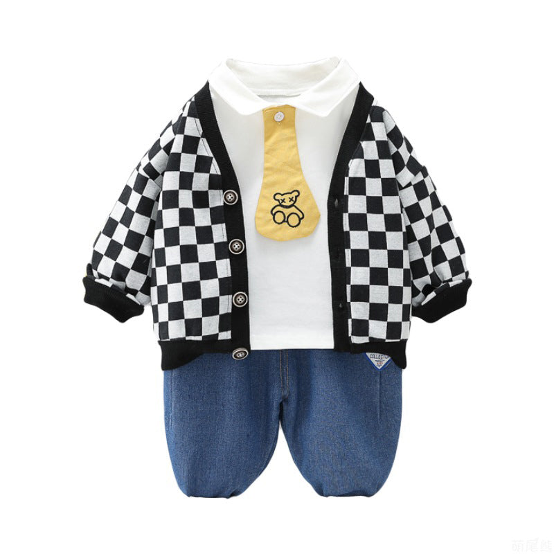 3 Pieces Set Baby Kid Boys Checked Cardigan Solid Color Polo Shirts And Pants Wholesale 220929415