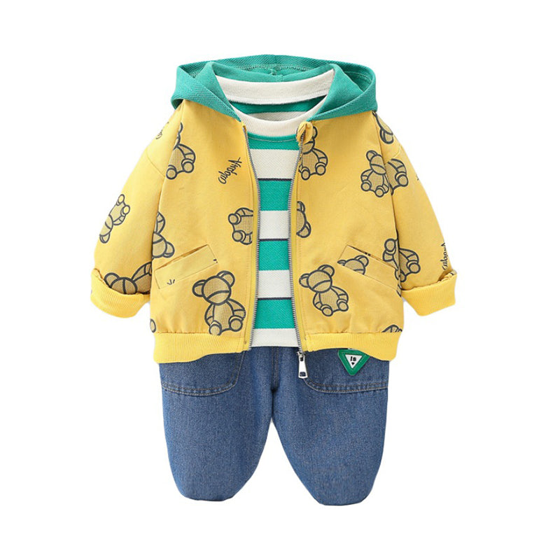 3 Pieces Set Baby Kid Boys Striped Print Hoodies Swearshirts Cartoon Jackets Outwears And Solid Color Jeans Wholesale 220929416