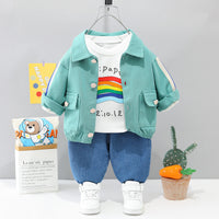 Load image into Gallery viewer, 3 Pieces Set Baby Kid Boys Letters Rainbow Print Tops Cartoon Jackets Outwears And Solid Color Pants Wholesale 220929522
