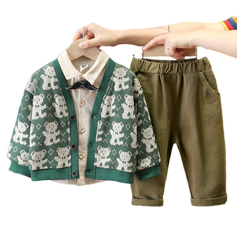 3 Pieces Set Baby Kid Boys Dressy Cartoon Cardigan Solid Color Shirts And Pants Wholesale 22092953
