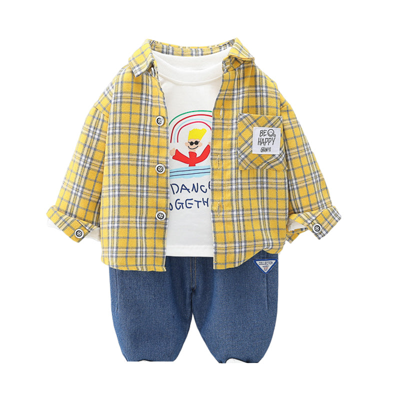 3 Pieces Set Baby Kid Boys Letters Cartoon Print Tops And Checked Shirts And Pants Wholesale 220929554