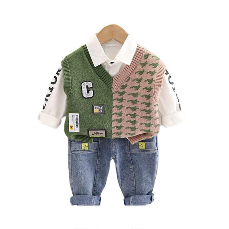 3 Pieces Set Baby Kid Boys Letters Shirts Color-blocking Vests Waistcoats And Solid Color Jeans Wholesale 220929573