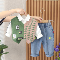 Load image into Gallery viewer, 3 Pieces Set Baby Kid Boys Letters Shirts Color-blocking Vests Waistcoats And Solid Color Jeans Wholesale 220929573
