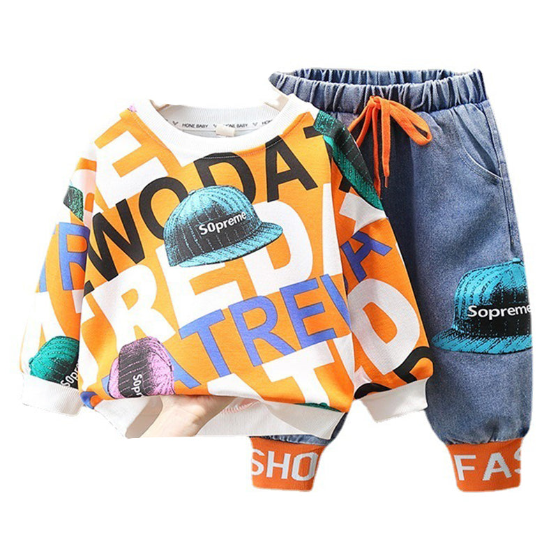 2 Pieces Set Baby Kid Boys Letters Color-blocking Print Hoodies Swearshirts And Pants Wholesale 220929671