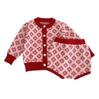 Load image into Gallery viewer, 2 Pieces Set Baby Girls Checked Crochet Cardigan Knitwear And Shorts Wholesale 220929844
