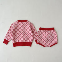 Load image into Gallery viewer, 2 Pieces Set Baby Girls Checked Crochet Cardigan Knitwear And Shorts Wholesale 220929844
