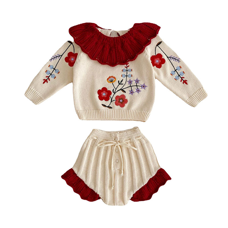 2 Pieces Set Baby Girls Embroidered Knitwear Sweaters And Solid Color Shorts Wholesale 220929909