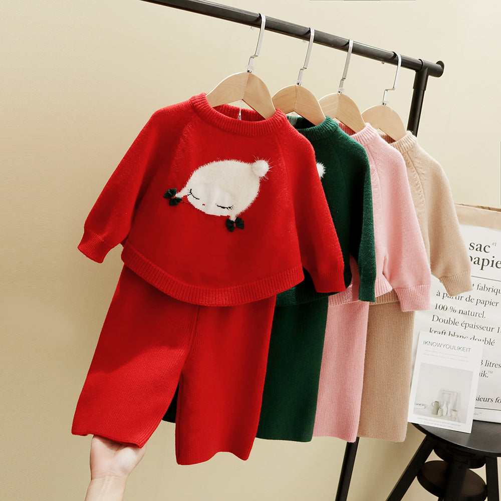 2 Pieces Set Baby Kid Girls Solid Color Sweaters And Pants Wholesale 22101012