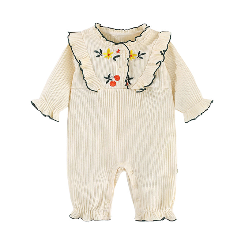 Baby Unisex Flower Embroidered Muslin&Ribbed Jumpsuits Wholesale 221010152