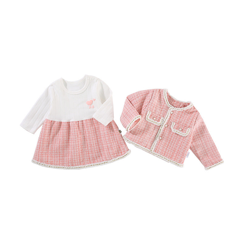 2 Pieces Set Baby Kid Girls Checked Print Jackets Outwears Color-blocking And Love heart Dresses Wholesale 221010188