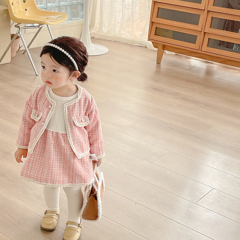 2 Pieces Set Baby Kid Girls Checked Print Jackets Outwears Color-blocking And Love heart Dresses Wholesale 221010188